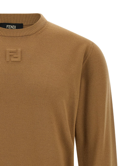 Cardigan by Fendi for men in virgin wool beige features a dramatic silhouette, showcasing a sophisticated crew neckline and dramatic detail for a timeless, premium look.