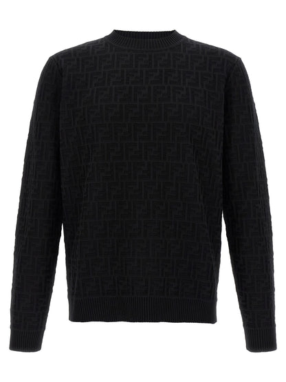 Cardigan by Fendi for men in cotton black & jacquard showcases a captivating silhouette, artfully detailed with a captivating and crew neckline for a truly sophisticated captivating look.