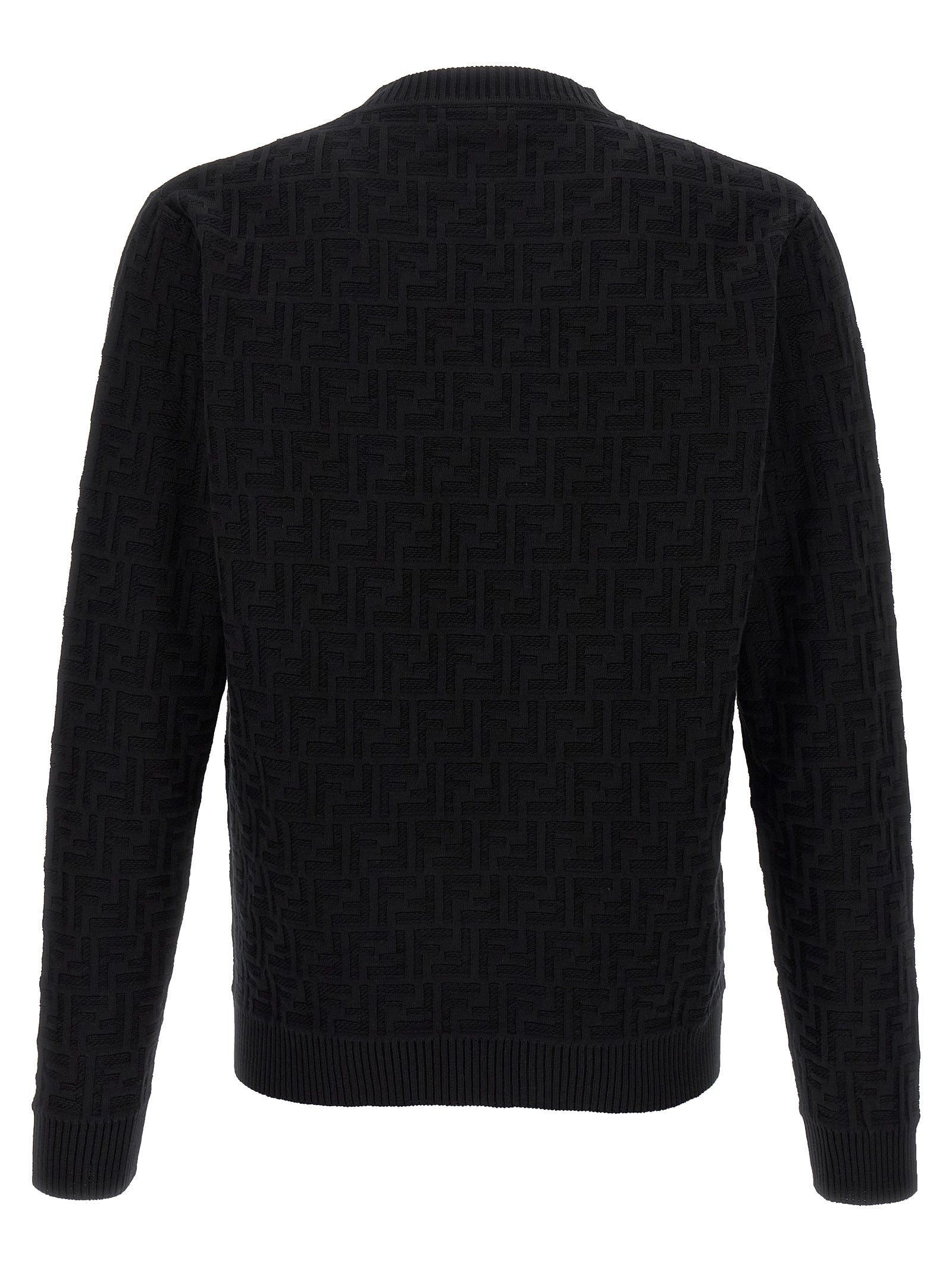 Cardigan by Fendi for men in cotton black & jacquard features a nuanced silhouette with a refined crew neckline and nuanced detailing for a sophisticated look.