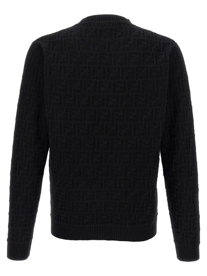 Cardigan by Fendi for men in cotton black & jacquard features a nuanced silhouette with a refined crew neckline and nuanced detailing for a sophisticated look.