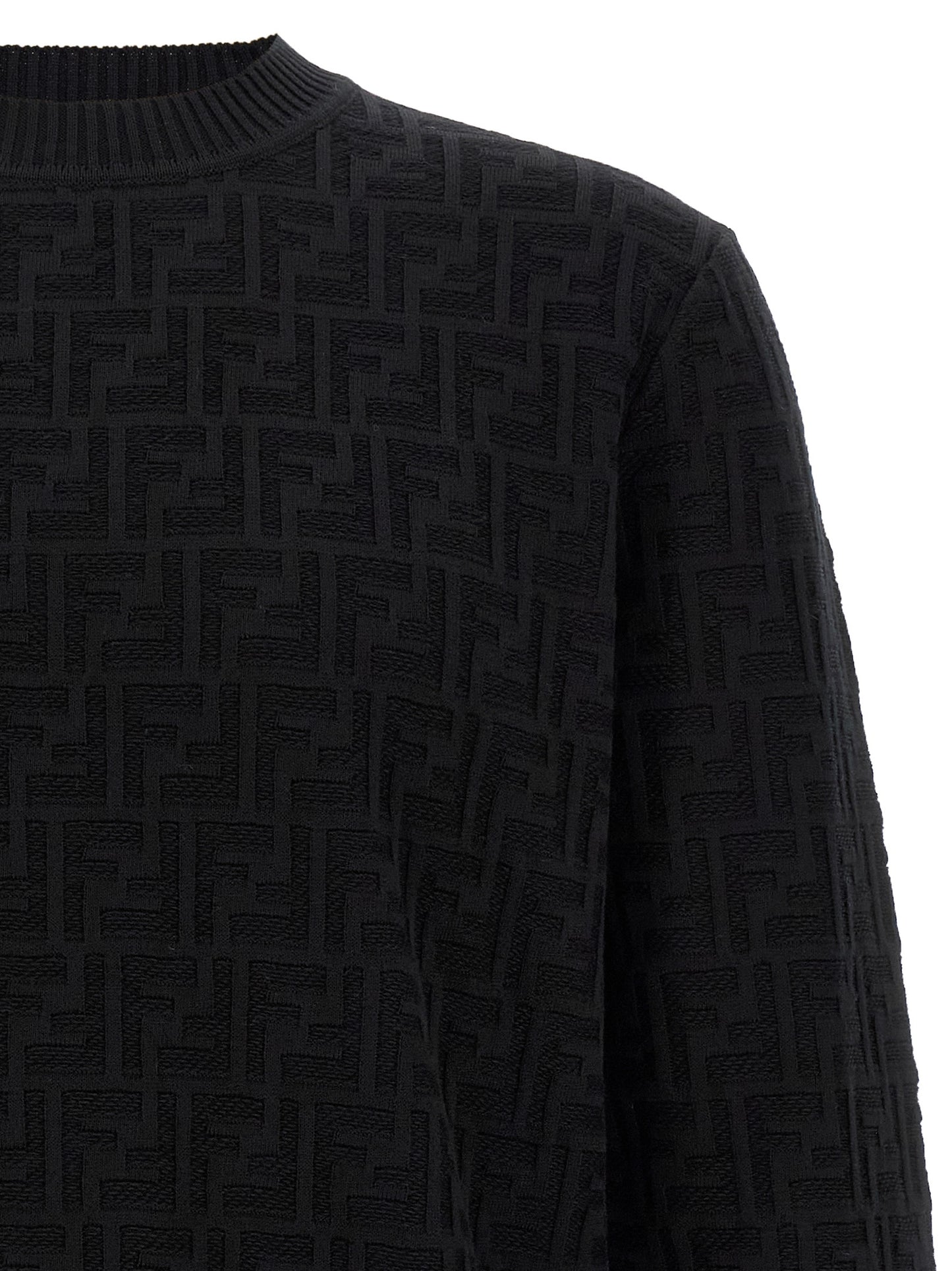 Cardigan by Fendi for men in cotton black & jacquard presents a textural silhouette, artfully finished with a textural crew neckline and for a sophisticated, textural look.