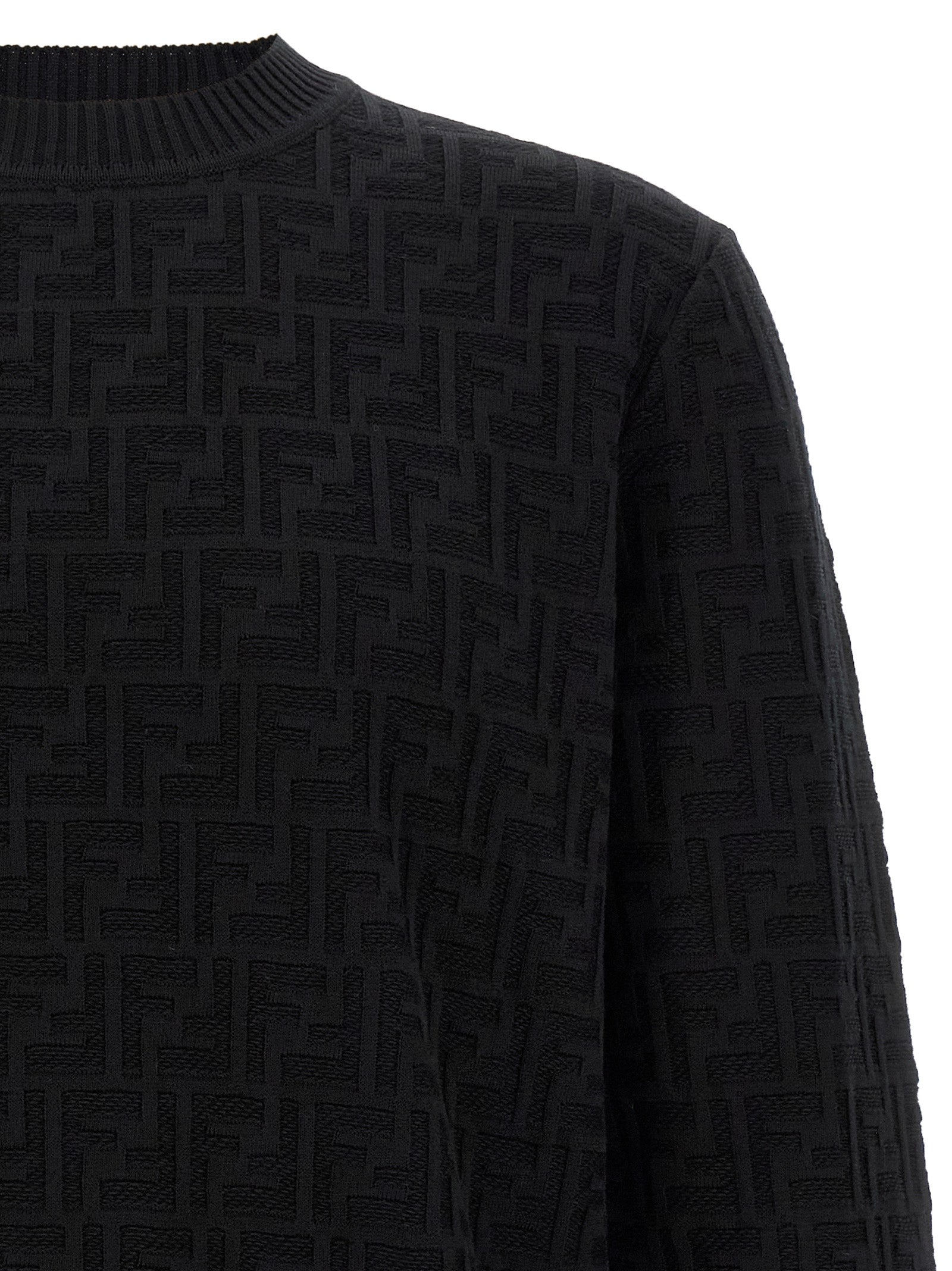 Cardigan by Fendi for men in cotton black & jacquard presents a textural silhouette, artfully finished with a textural crew neckline and for a sophisticated, textural look.