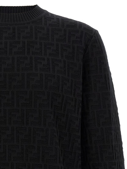 Cardigan by Fendi for men in cotton black & jacquard presents a textural silhouette, artfully finished with a textural crew neckline and for a sophisticated, textural look.