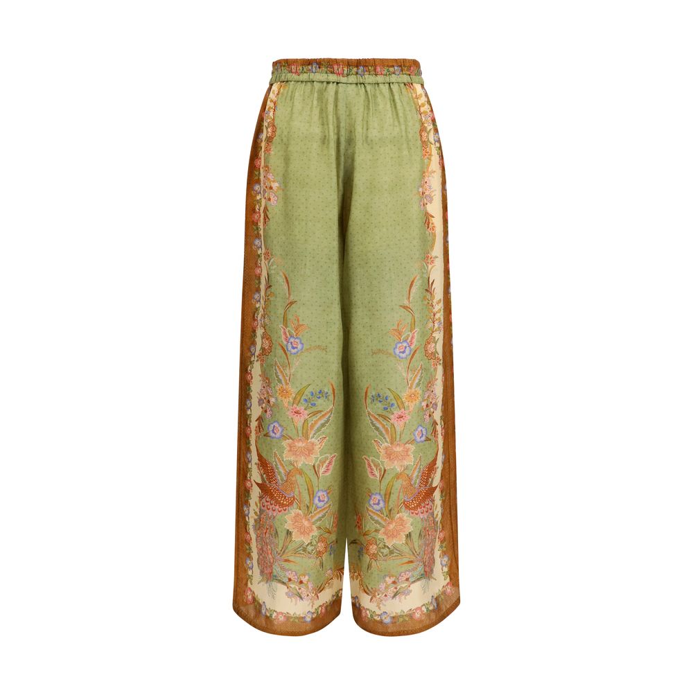 Casual Pants by Zimmermann for women in silk multicolor & print features an sartorial relaxed-fit, regular-fit & wide and long with a high rise cut for a sartorial finish.