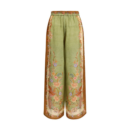 Casual Pants by Zimmermann for women in silk multicolor & print features an sartorial relaxed-fit, regular-fit & wide and long with a high rise cut for a sartorial finish.