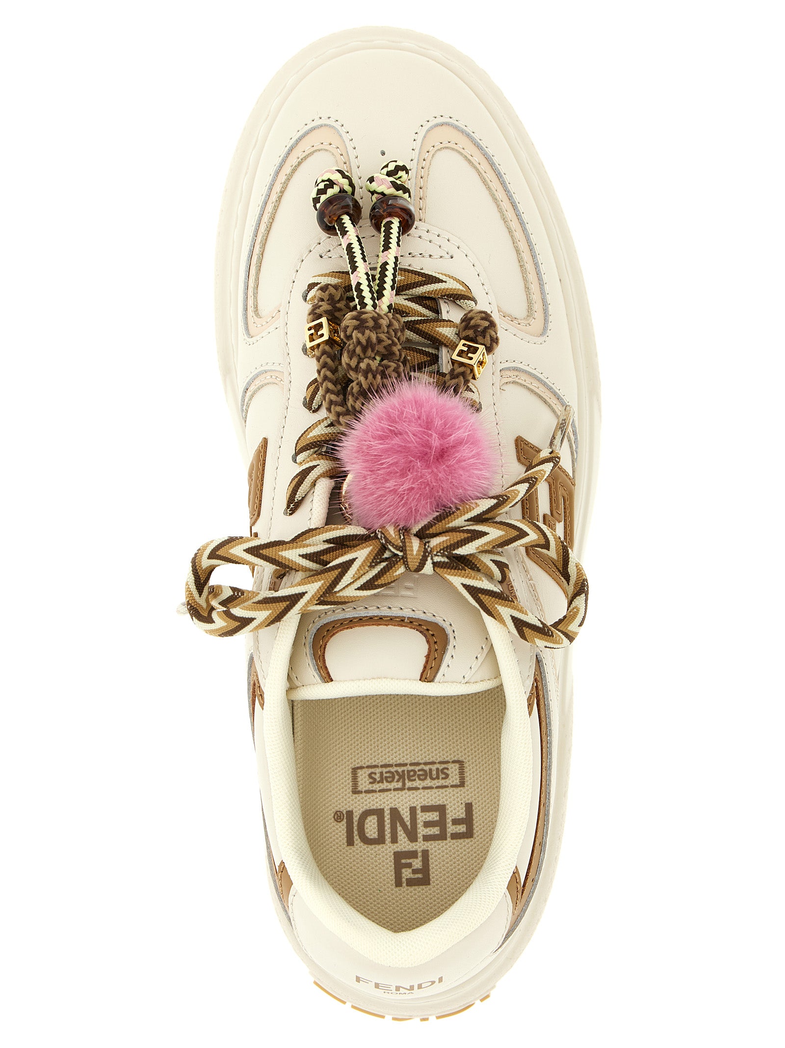 Sneakers by Fendi for women in calfskin leather multicolor presents a sumptuous silhouette, artfully capturing the essence of the Women's Fashion Calfskin Leather Sneakers with its sumptuous fashion style design.
