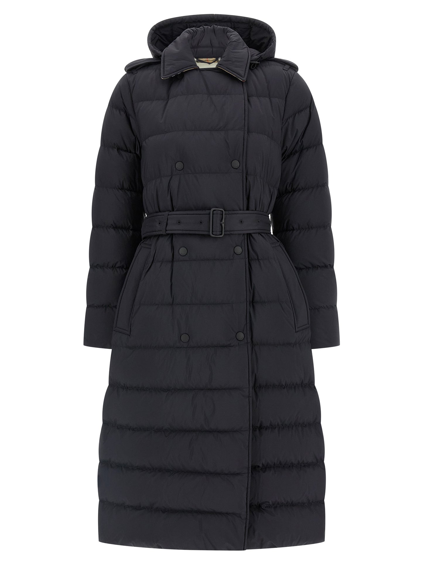 Burberry Women's Quilted Padded Double Breasted Polyamide Hooded Trench Coat - Black