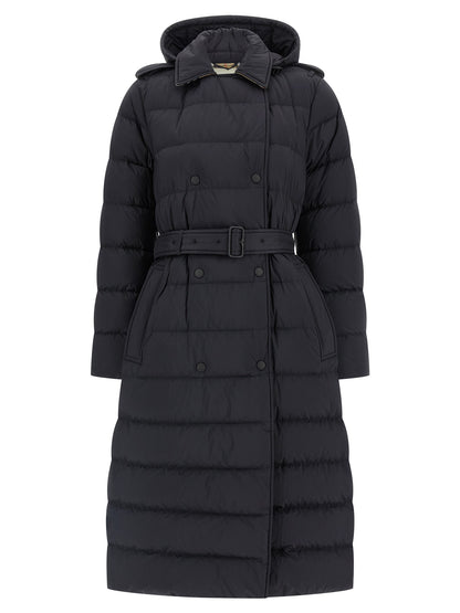 Burberry Women's Quilted Padded Double Breasted Polyamide Hooded Trench Coat - Black