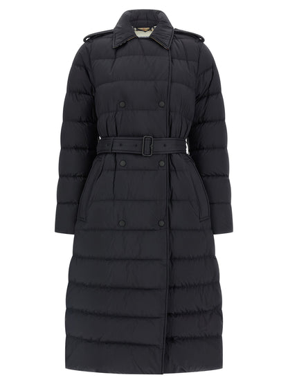 Burberry Women's Quilted Padded Double Breasted Polyamide Hooded Trench Coat - Black