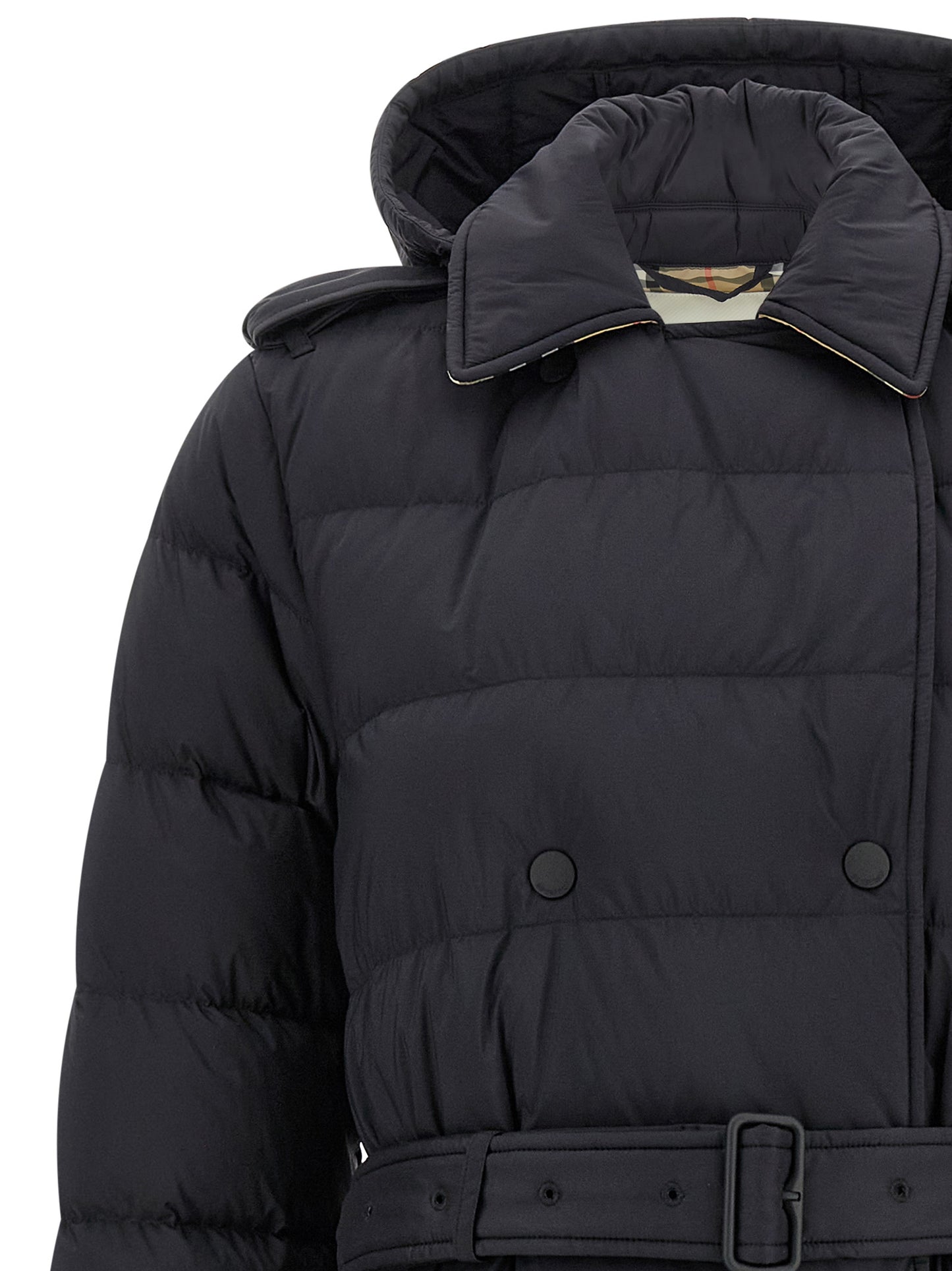 Burberry Women's Quilted Padded Double Breasted Polyamide Hooded Trench Coat - Black