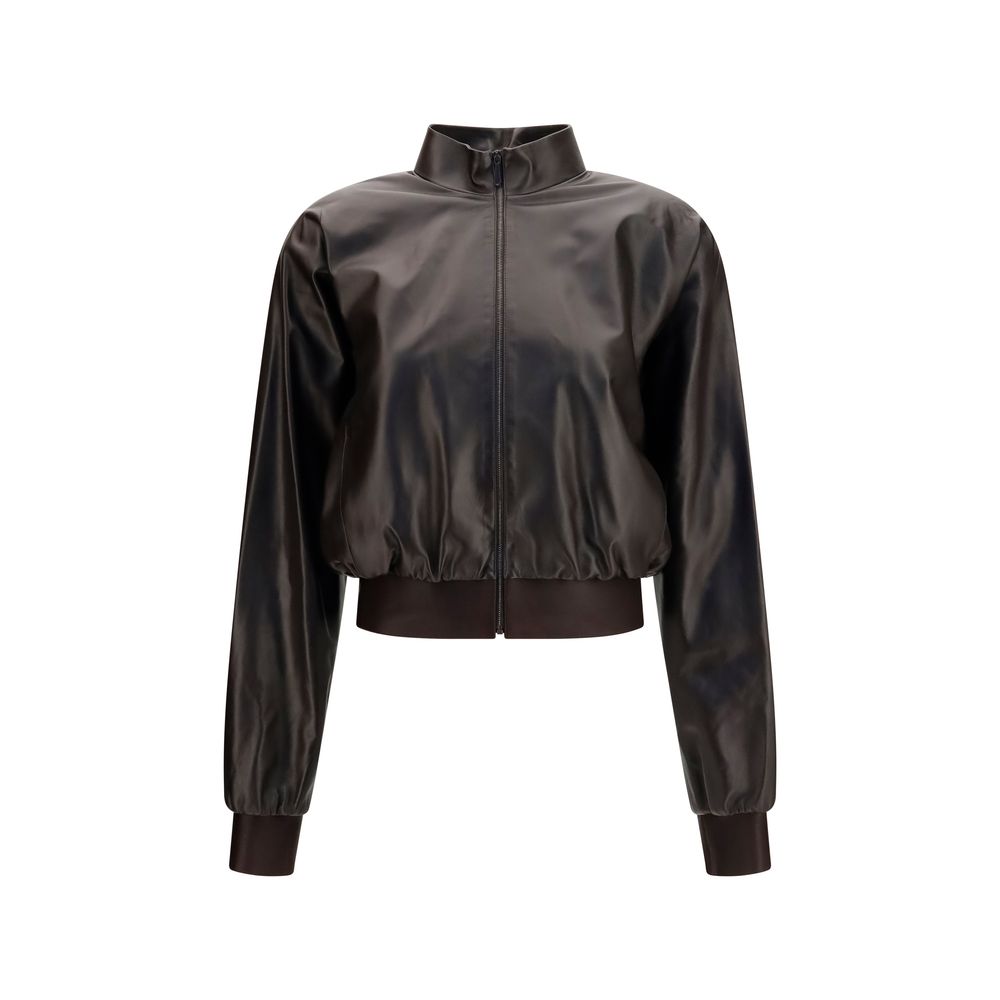 Bomber Jacket by Gucci for women in nappa leather & satin brown & signature features a city-ready silhouette, detailed with and a city-ready high-collar neckline.