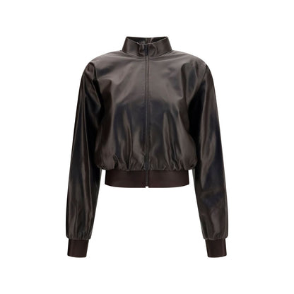Bomber Jacket by Gucci for women in nappa leather & satin brown & signature features a city-ready silhouette, detailed with and a city-ready high-collar neckline.