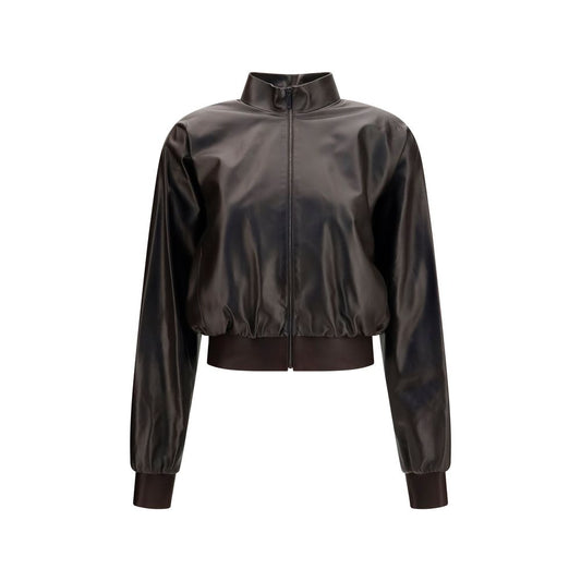 Bomber Jacket by Gucci for women in nappa leather & satin brown & signature features a city-ready silhouette, detailed with and a city-ready high-collar neckline.