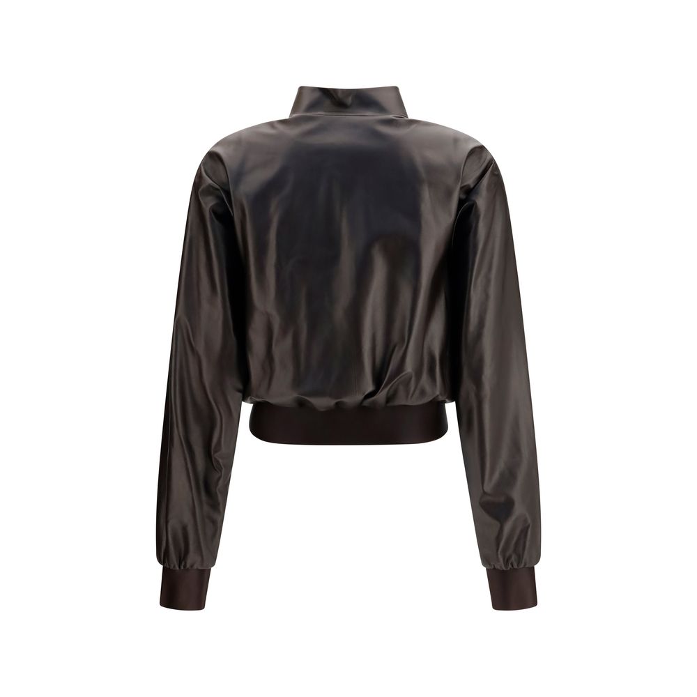 Bomber Jacket by Gucci for women in nappa leather & satin brown & signature showcases a bohemian silhouette, artfully detailed with a bohemian high-collar neckline and signature for a truly bohemian finish.