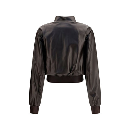Bomber Jacket by Gucci for women in nappa leather & satin brown & signature showcases a bohemian silhouette, artfully detailed with a bohemian high-collar neckline and signature for a truly bohemian finish.