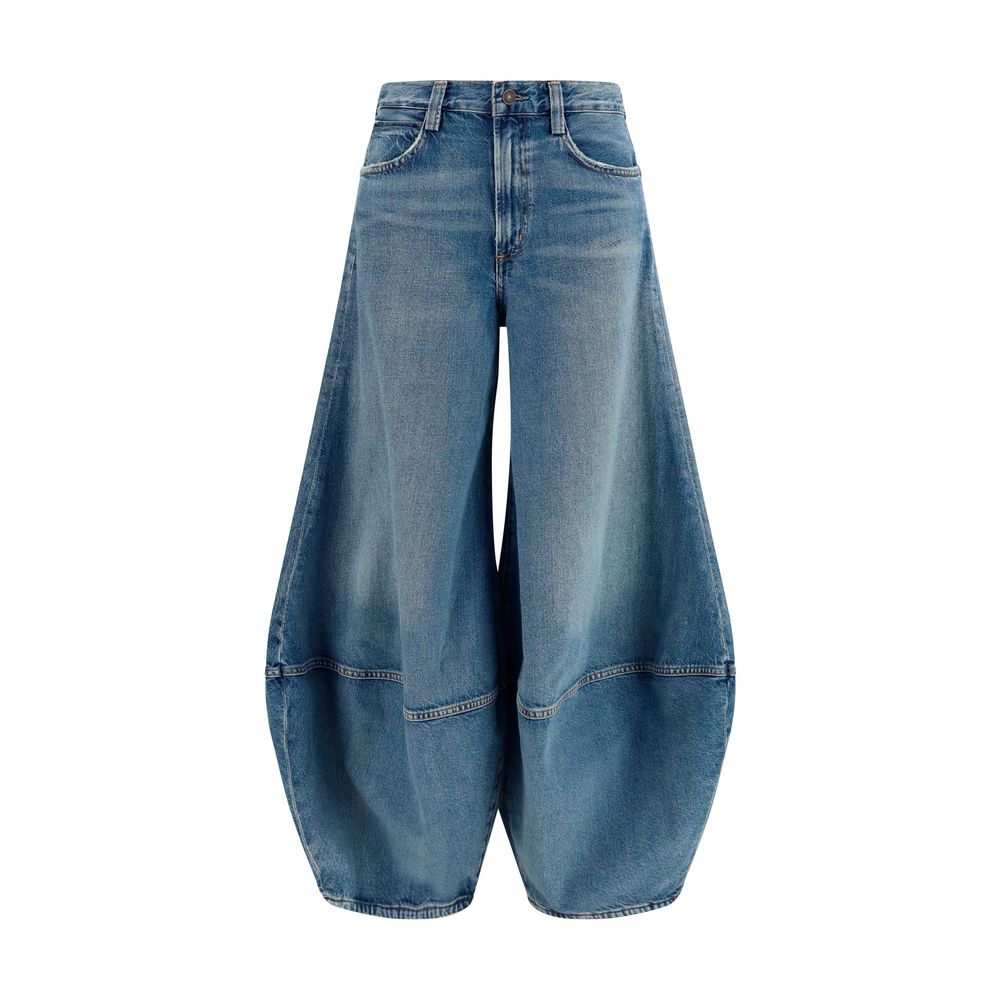 Jeans by Agolde for women in denim cotton blue presents a tailored silhouette, showcasing a tailored relaxed-fit & oversized and long cut with a refined mid rise for a truly tailored aesthetic.