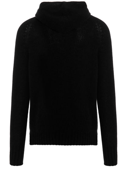 Hooded Cardigan by MA'RY'YA for men in cashmere modacrylic & virgin wool black features a dramatic silhouette, showcasing a sophisticated hooded neckline and dramatic detail for a timeless, premium look.