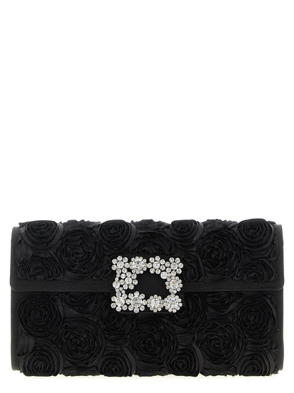 Shoulder Evening Flap Clutch Handbag by Roger Vivier for women in polyester polyurethane python leather & rhinestone black & floral features a sculptural silhouette with a secure flap & magnetic, ample , and versatile shoulder-strap for a sculptural finish.