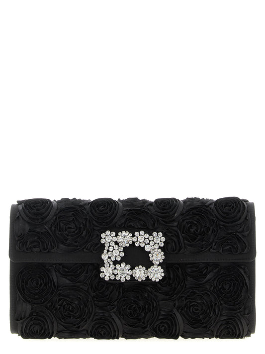 Shoulder Evening Flap Clutch Handbag by Roger Vivier for women in polyester polyurethane python leather & rhinestone black & floral features a sculptural silhouette with a secure flap & magnetic, ample , and versatile shoulder-strap for a sculptural finish.