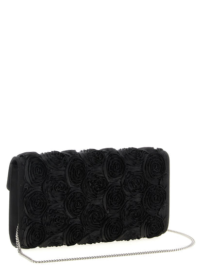 Shoulder Evening Flap Clutch Handbag by Roger Vivier for women in polyester polyurethane python leather & rhinestone black & floral showcases a sculptural silhouette, featuring a secure flap & magnetic, ample , and versatile shoulder-strap for a sculptural finish.
