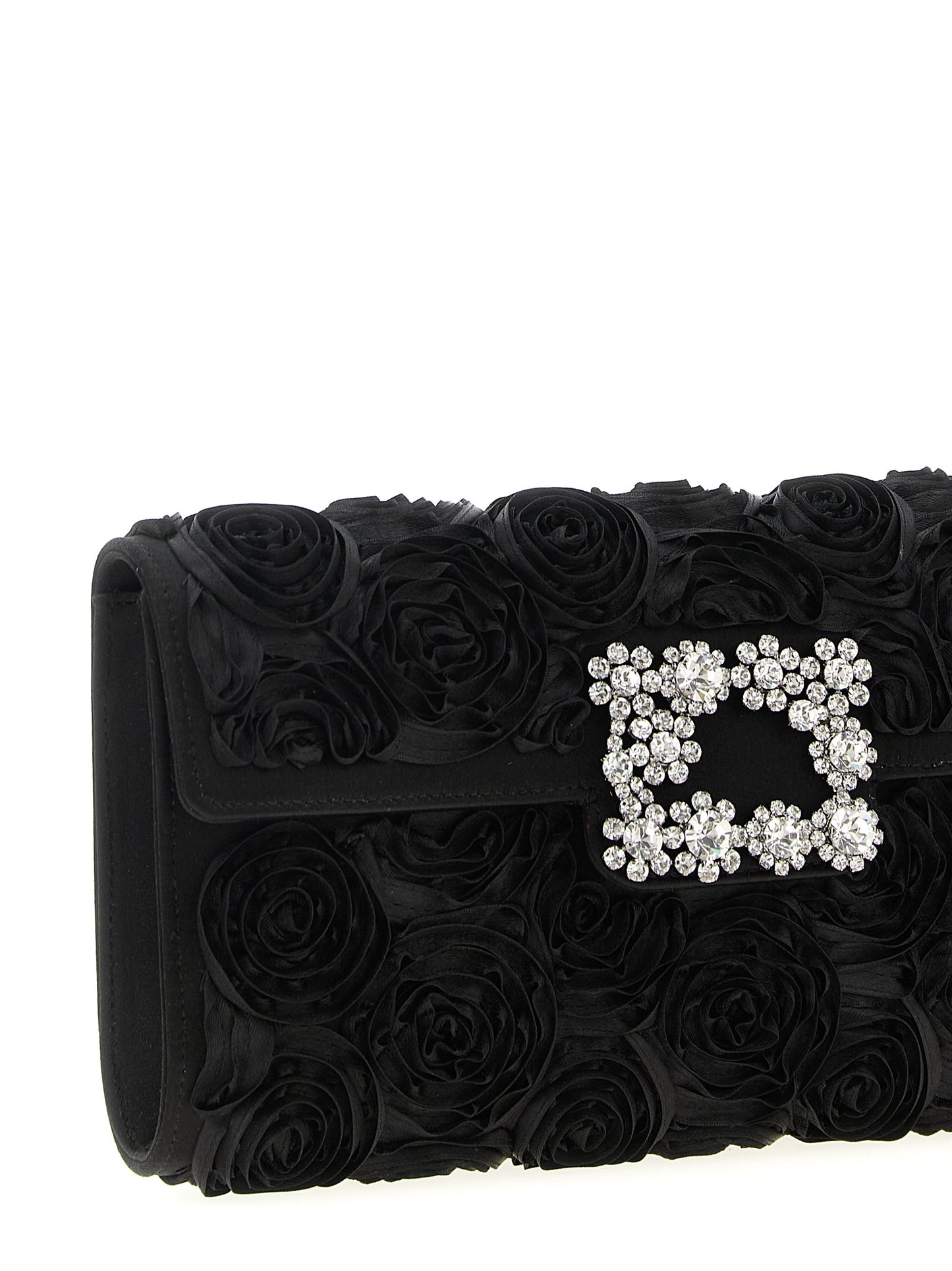 Shoulder Evening Flap Clutch Handbag by Roger Vivier for women in polyester polyurethane python leather & rhinestone black & floral features a statuesque silhouette, showcasing a secure flap & magnetic and organized with versatile shoulder-strap for statuesque evening wear.
