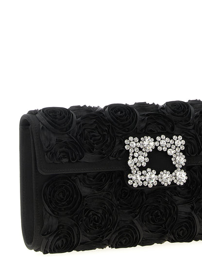 Shoulder Evening Flap Clutch Handbag by Roger Vivier for women in polyester polyurethane python leather & rhinestone black & floral features a statuesque silhouette, showcasing a secure flap & magnetic and organized with versatile shoulder-strap for statuesque evening wear.