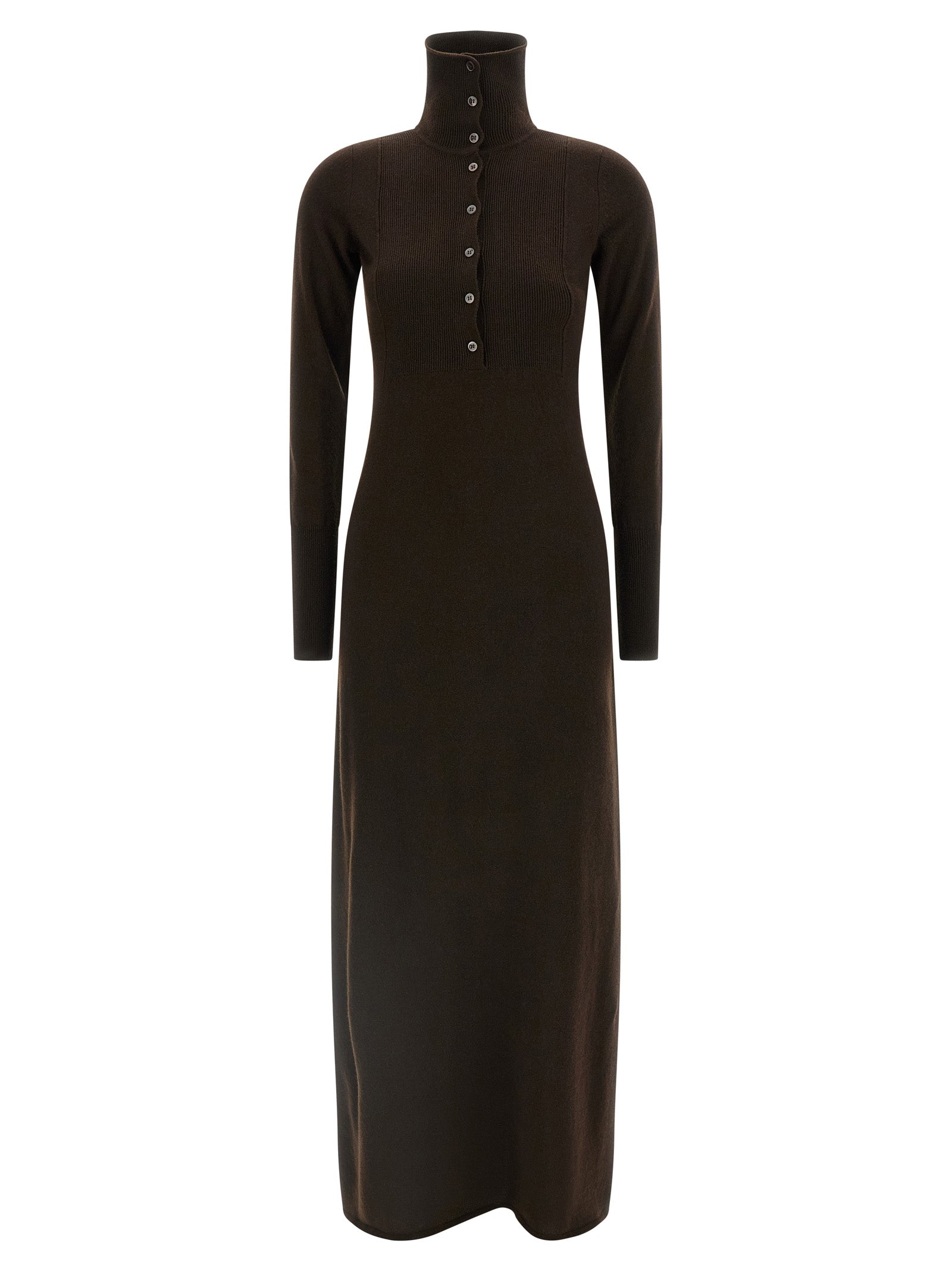 Dress by Tom Ford for women in cashmere brown showcases a striking silhouette, elegantly detailed with a long-sleeve, refined high-neck neckline, and a striking long for a striking finish.
