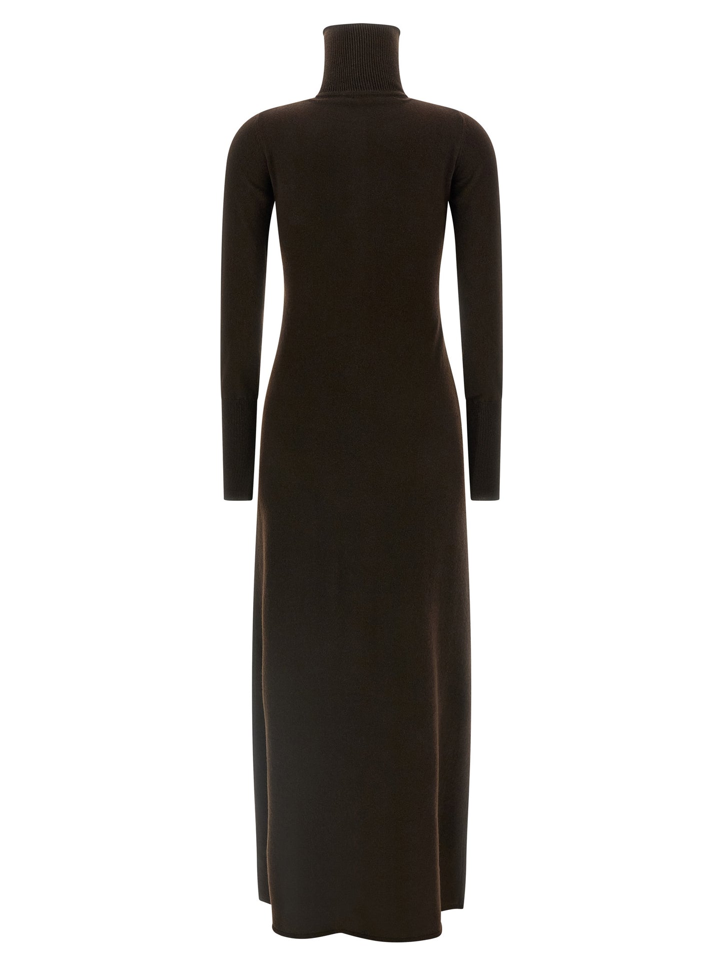 Dress by Tom Ford for women in cashmere brown features a dramatic silhouette, showcasing an elegant high-neck neckline and that flows into a dramatic long.