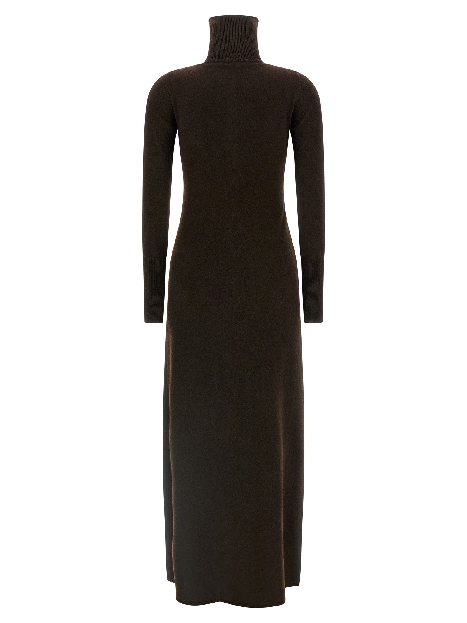 Dress by Tom Ford for women in cashmere brown features a dramatic silhouette, showcasing an elegant high-neck neckline and that flows into a dramatic long.