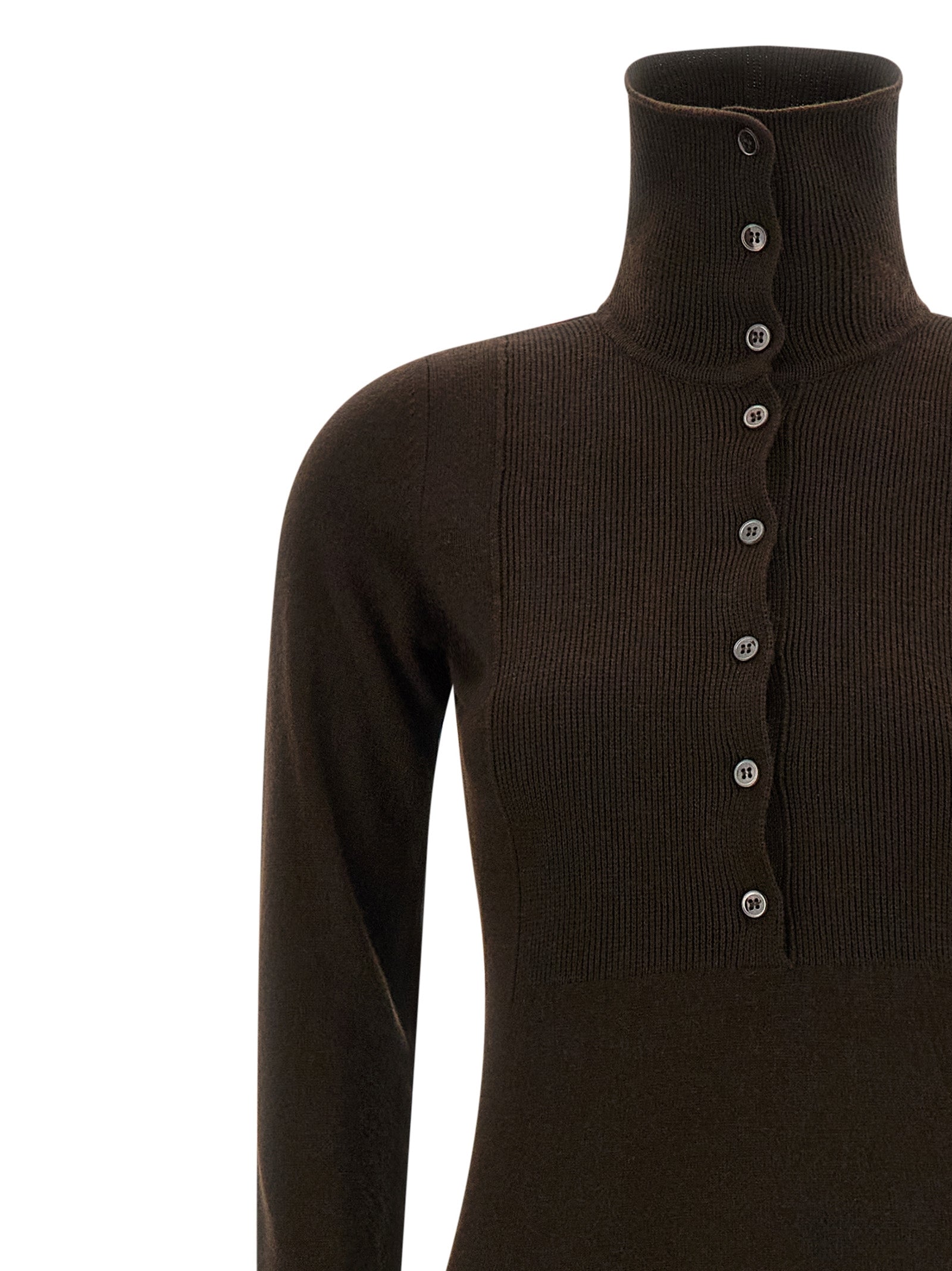 Dress by Tom Ford for women in cashmere brown presents a sinuous silhouette, showcasing a sophisticated high-neck neckline and detailed with a sinuous long for a refined finish.