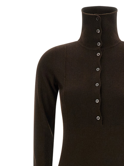 Dress by Tom Ford for women in cashmere brown presents a sinuous silhouette, showcasing a sophisticated high-neck neckline and detailed with a sinuous long for a refined finish.