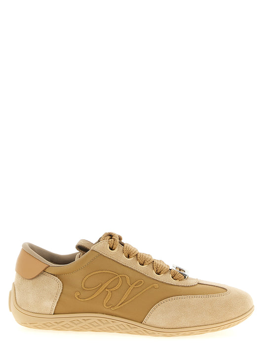 Sneakers by Roger Vivier for women in satin & suede calfskin leather beige features an fashionable silhouette, showcasing the premium Viv Women's High Top Satin & Suede Calfskin Leather Sneakers in a fashionable high-top style that offers a fashionable finish for refined style.