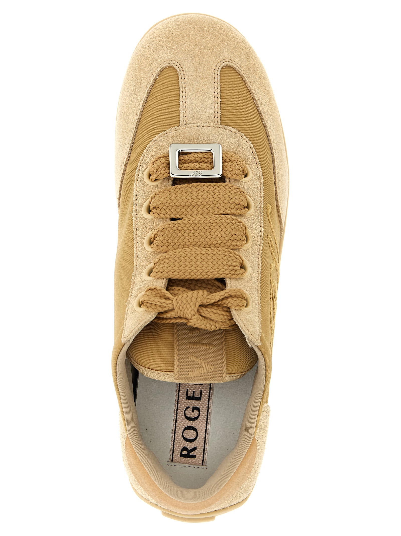 Sneakers by Roger Vivier for women in satin & suede calfskin leather beige features a chic design, perfectly showcasing the chic high-top style of this Viv Women's High Top Satin & Suede Calfskin Leather Sneakers.