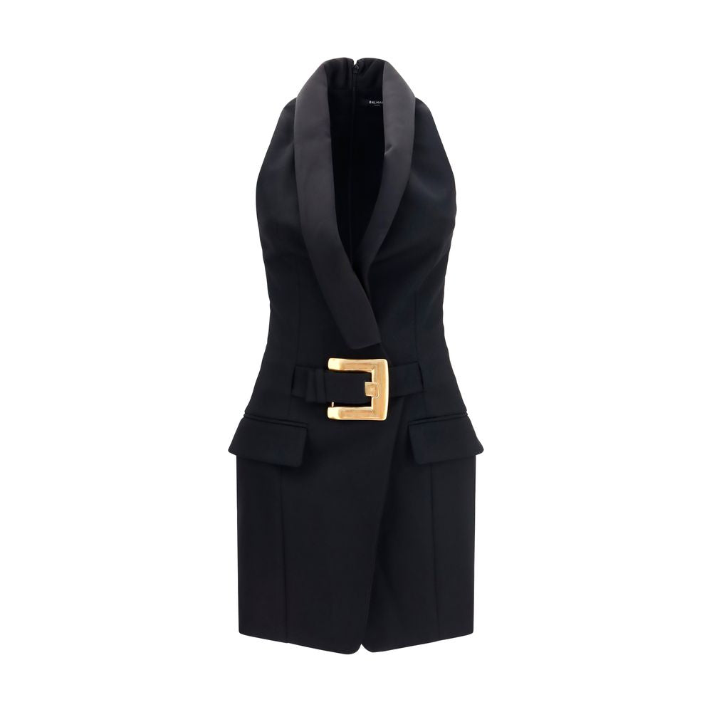 Dress by Balmain for women in satin merino wool black & gold showcases a striking silhouette, elegantly detailed with a sleeveless, refined shawl-collar neckline, and a striking short for a striking finish.