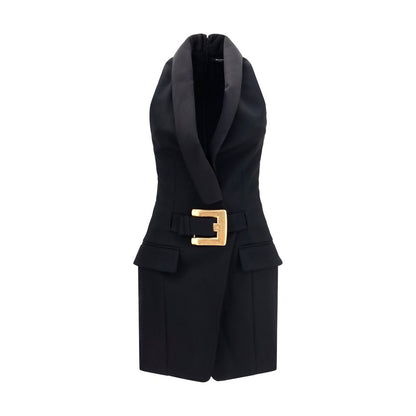 Dress by Balmain for women in satin merino wool black & gold showcases a striking silhouette, elegantly detailed with a sleeveless, refined shawl-collar neckline, and a striking short for a striking finish.