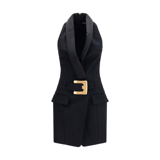 Dress by Balmain for women in satin merino wool black & gold showcases a striking silhouette, elegantly detailed with a sleeveless, refined shawl-collar neckline, and a striking short for a striking finish.