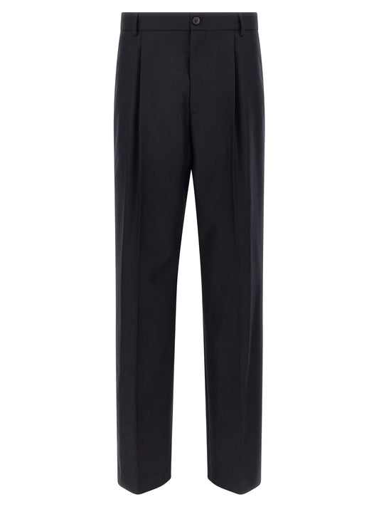 Trousers by Dries Van Noten for men in wool blue, patterned & herringbone features an on trend silhouette, showcasing a sophisticated straight-leg & wide with a long and for an on trend finish.