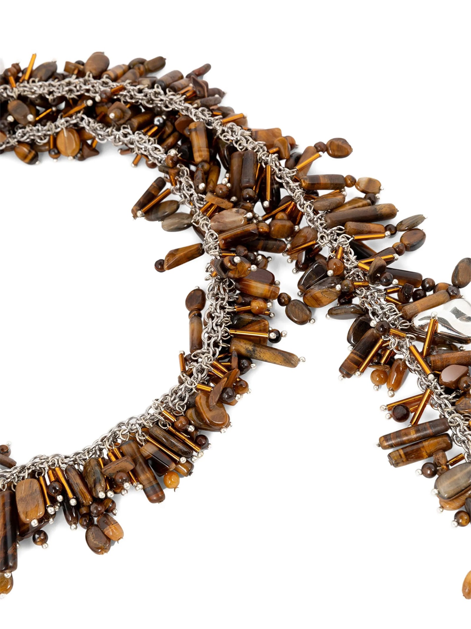 Necklace by Dries Van Noten for women in viscose & virgin wool brown showcases a dynamic silhouette, artfully highlighting the beaded statement necklace design from the Women's Viscose Acrylic Brass & Resin Necklace collection for a dynamic aesthetic.