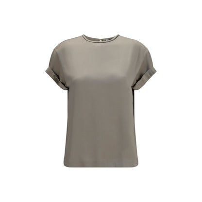 Blouse by Brunello Cucinelli for women in silk beige features an polished silhouette, showcasing a sophisticated crew neckline and short-sleeve detail for a truly polished finish.