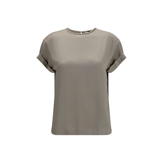 Blouse by Brunello Cucinelli for women in silk beige features an polished silhouette, showcasing a sophisticated crew neckline and short-sleeve detail for a truly polished finish.