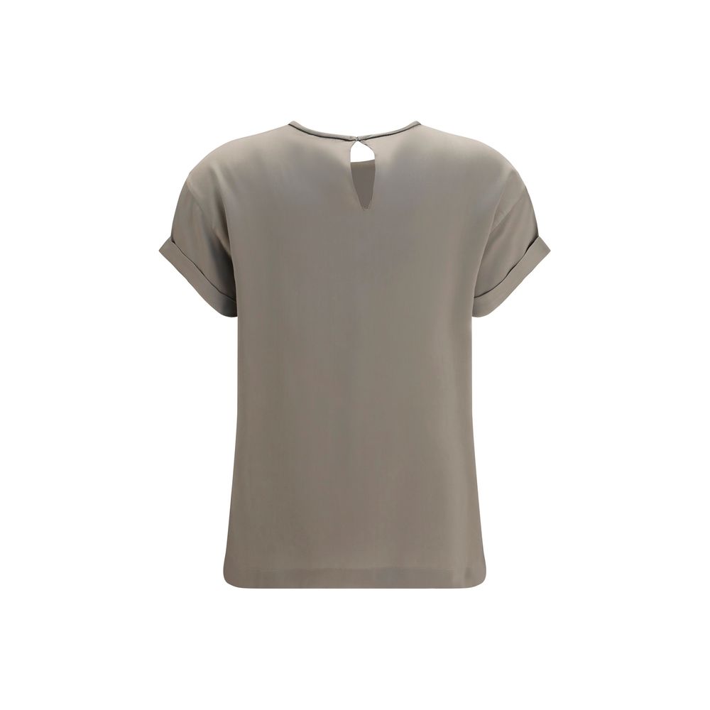 Blouse by Brunello Cucinelli for women in silk beige presents a discerning silhouette, showcasing a sophisticated crew neckline and for a truly discerning finish.