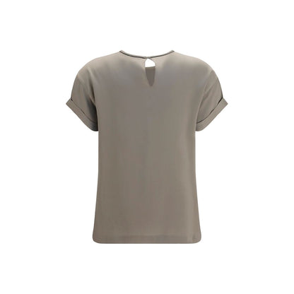 Blouse by Brunello Cucinelli for women in silk beige presents a discerning silhouette, showcasing a sophisticated crew neckline and for a truly discerning finish.