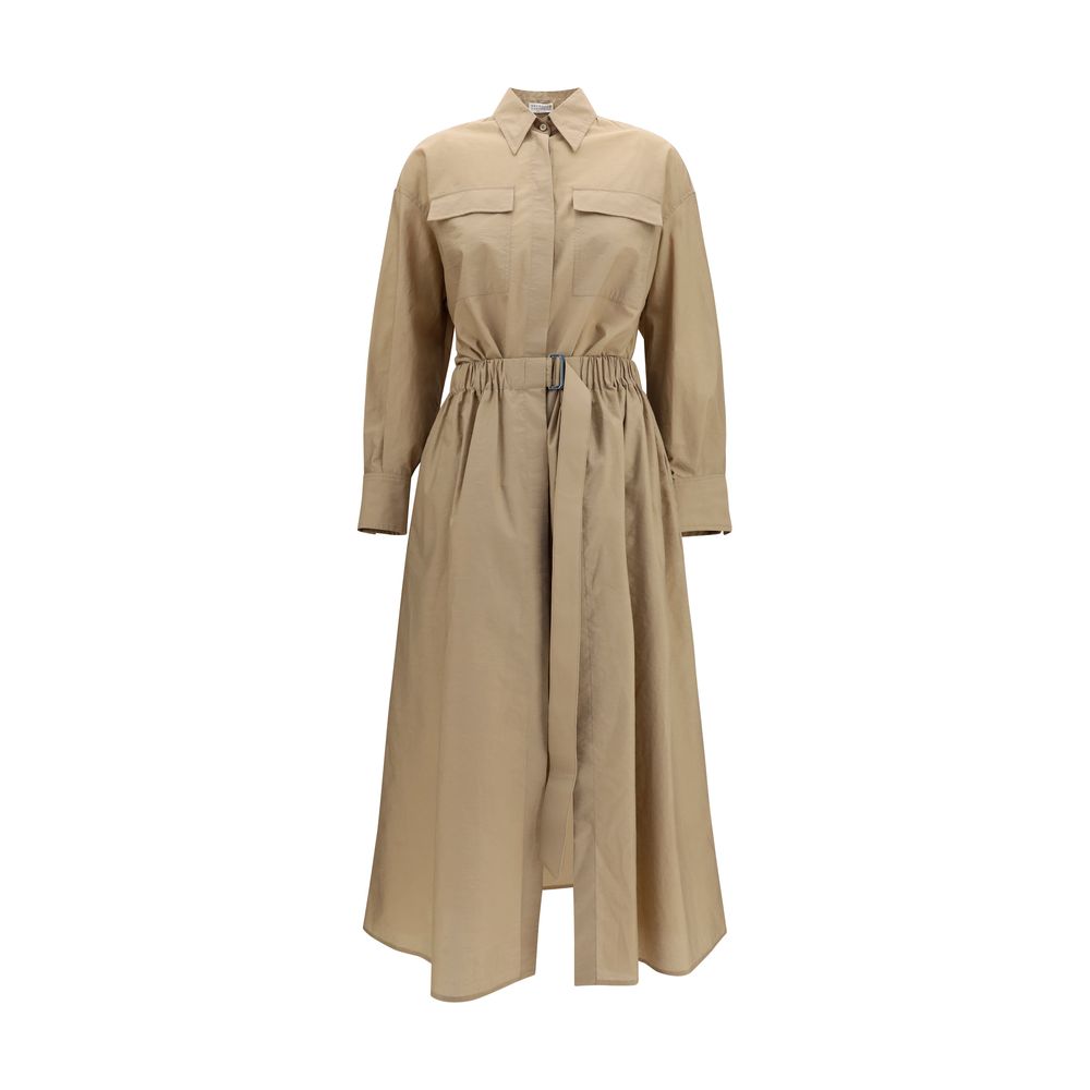 Dress by Brunello Cucinelli for women in polyamide cotton beige presents a sinuous silhouette, showcasing a sophisticated and long-sleeve detailed with a sinuous knee long for a refined finish.