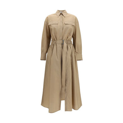 Dress by Brunello Cucinelli for women in polyamide cotton beige presents a sinuous silhouette, showcasing a sophisticated and long-sleeve detailed with a sinuous knee long for a refined finish.