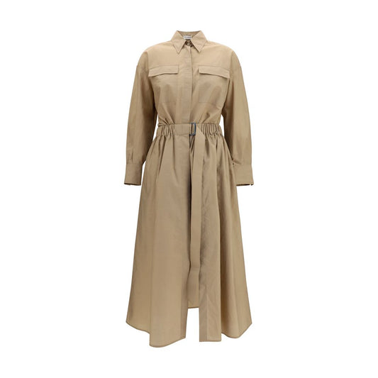Dress by Brunello Cucinelli for women in polyamide cotton beige presents a sinuous silhouette, showcasing a sophisticated and long-sleeve detailed with a sinuous knee long for a refined finish.