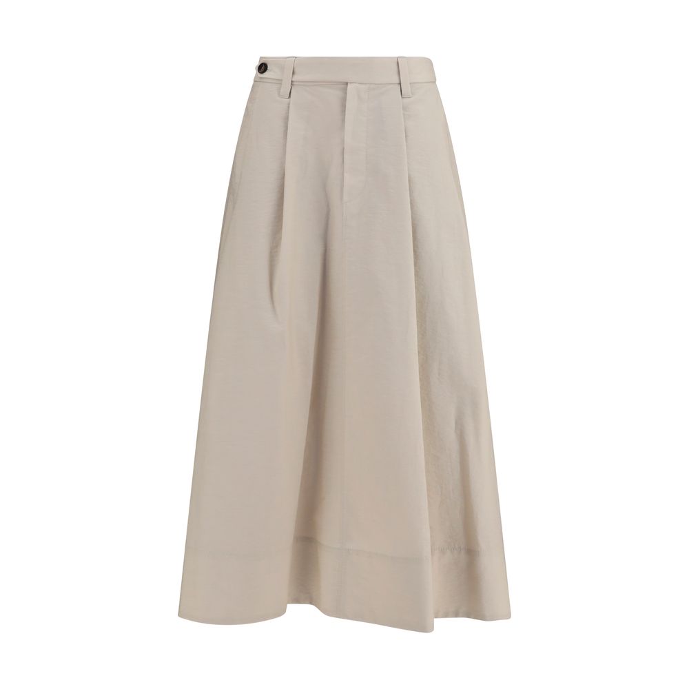Skirt by Brunello Cucinelli for women in nylon cotton & calf leather beige & signature showcases a dramatic silhouette, artfully capturing the essence of the Women's Tailored Nylon Cotton & Calf Leather Midi Skirt in a dramatic midi cut for a refined look.