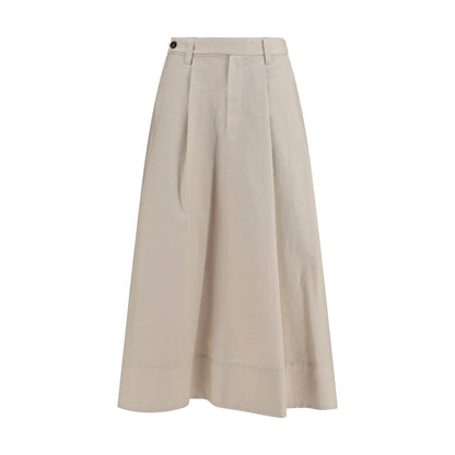 Skirt by Brunello Cucinelli for women in nylon cotton & calf leather beige & signature showcases a dramatic silhouette, artfully capturing the essence of the Women's Tailored Nylon Cotton & Calf Leather Midi Skirt in a dramatic midi cut for a refined look.