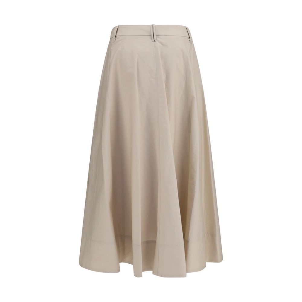 Skirt by Brunello Cucinelli for women in nylon cotton & calf leather beige & signature features a sublime silhouette, showcasing the sublime design of the Women's Tailored Nylon Cotton & Calf Leather Midi Skirt in a sophisticated midi.
