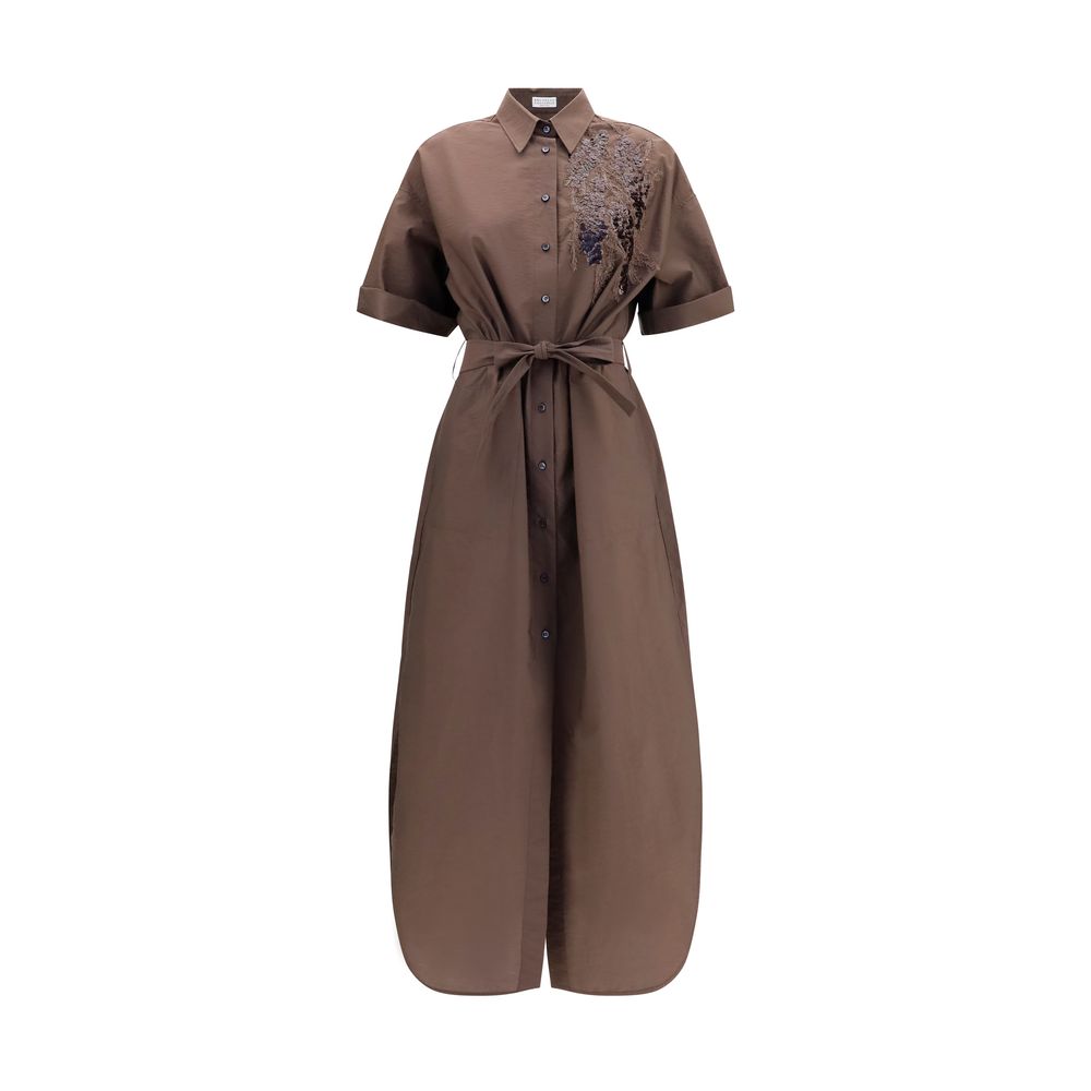 Dress by Brunello Cucinelli for women in polyamide cotton & sequins brown features an eye catching silhouette with a sophisticated , elegant short-sleeve, and a refined long for a eye catching aesthetic.