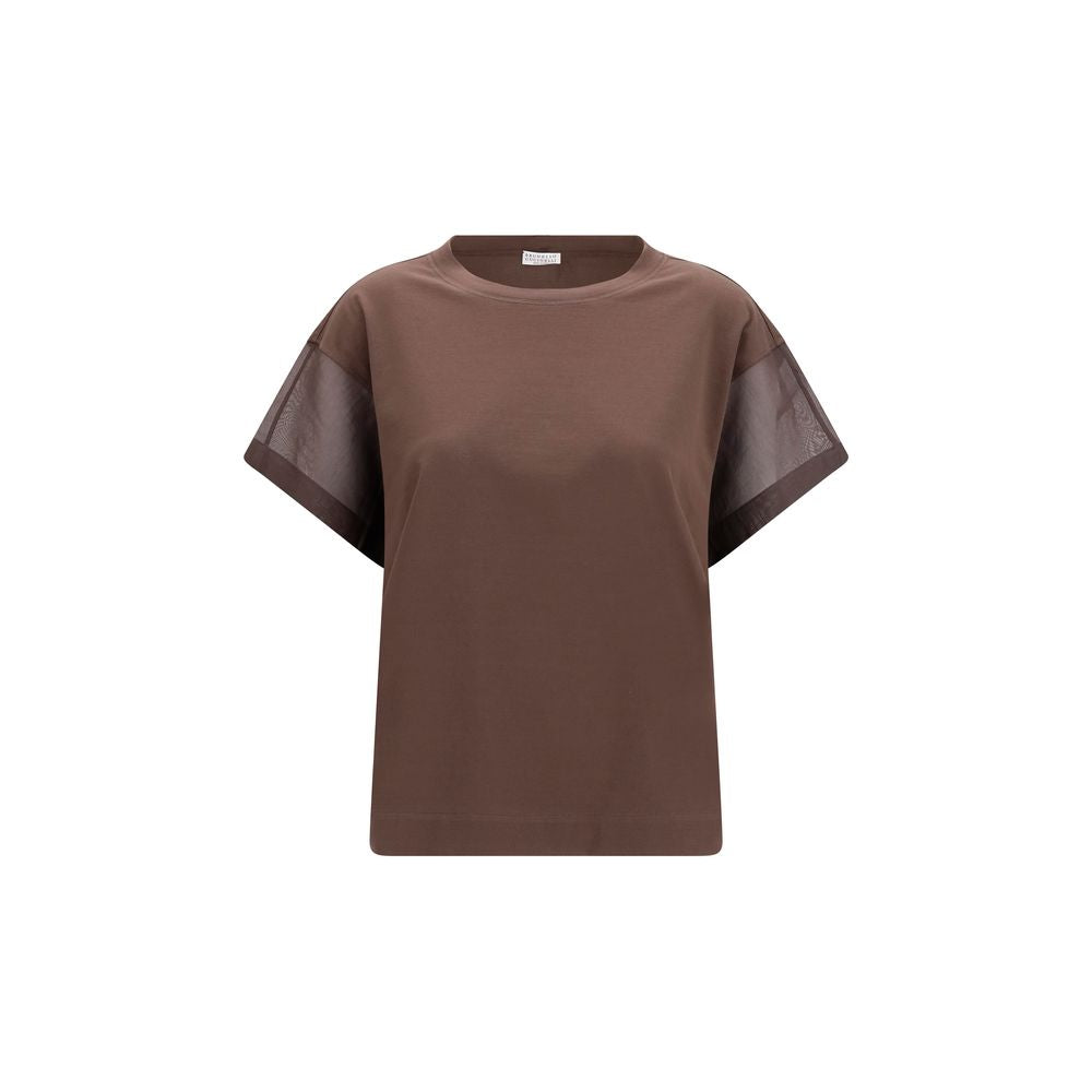 T-Shirt by Brunello Cucinelli for women in cotton brown & transparent features an on trend silhouette, perfectly showcasing a on trend and crew neckline for an elevated aesthetic.